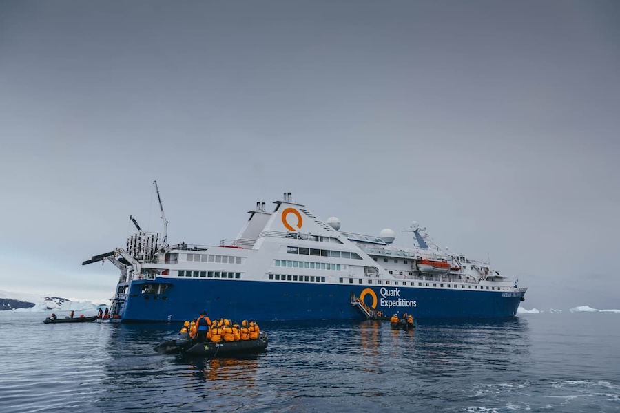 Quark Expeditions ship navigating Antarctic Peninsula waters